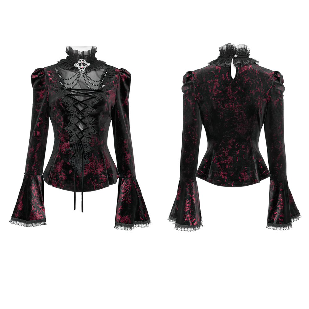 Victorian Burgundy Velvet Lace-Up Bell Sleeve Top