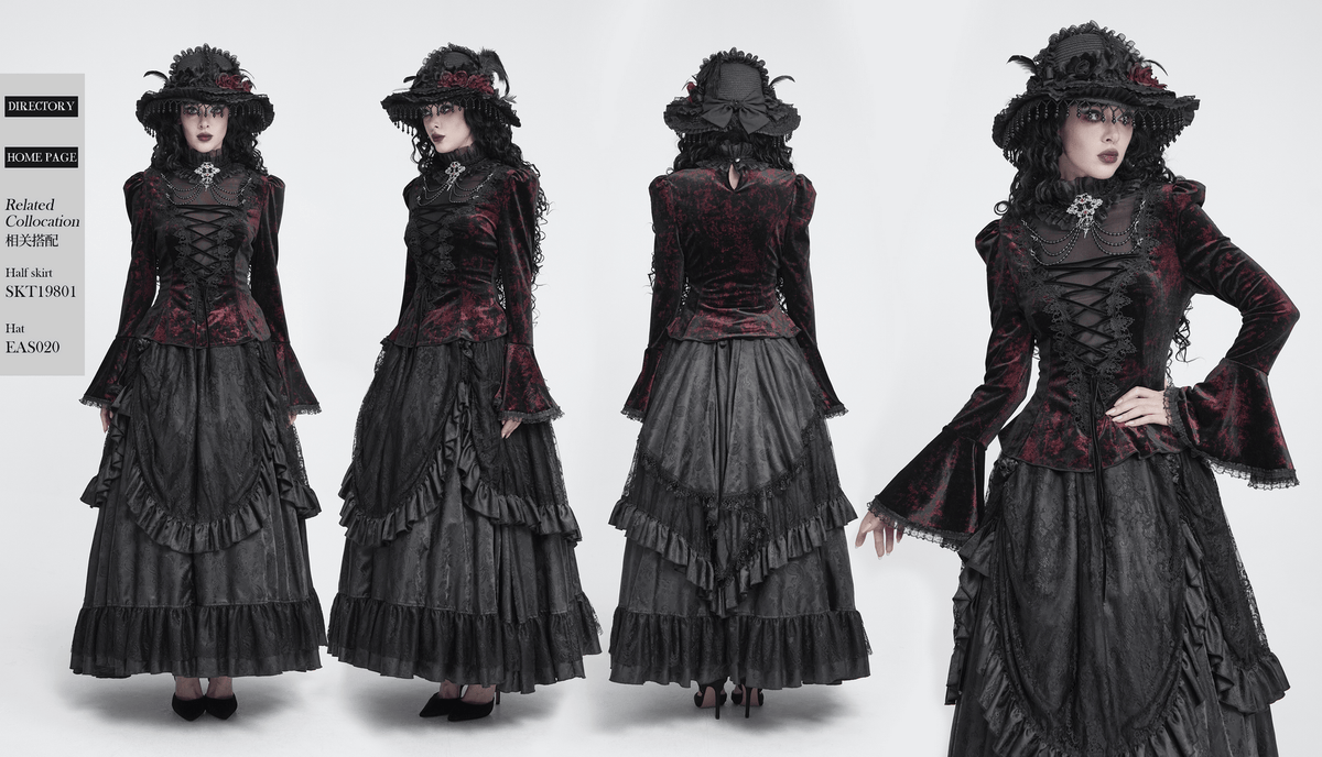 Victorian Burgundy Velvet Lace-Up Bell Sleeve Top