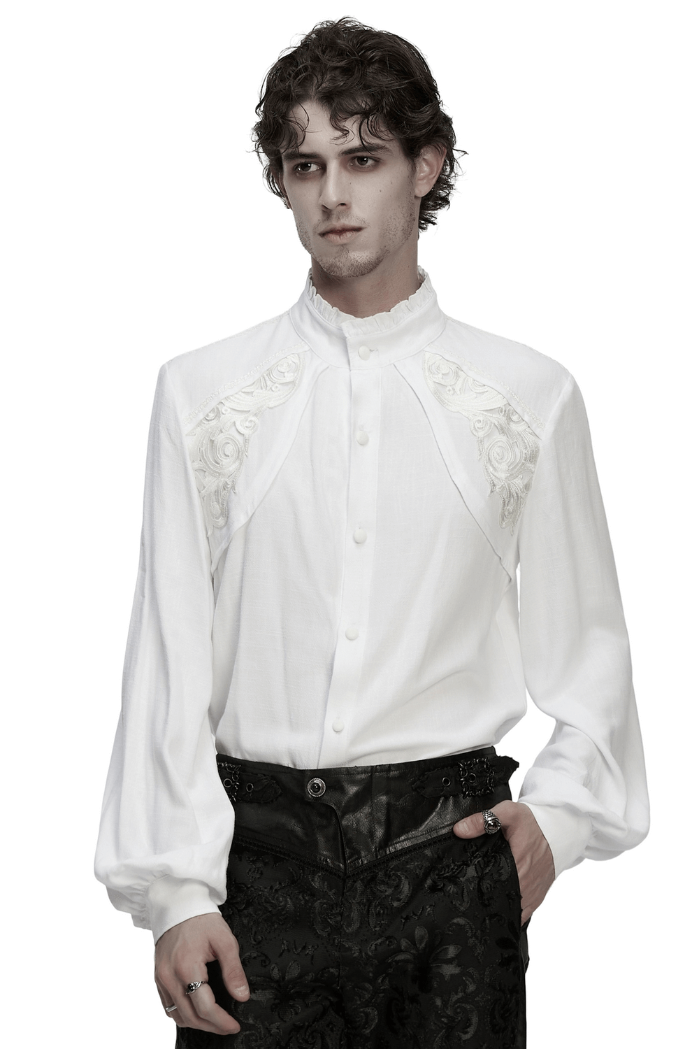 US SALE of Victorian Embroidered White Shirt with Puff Sleeves