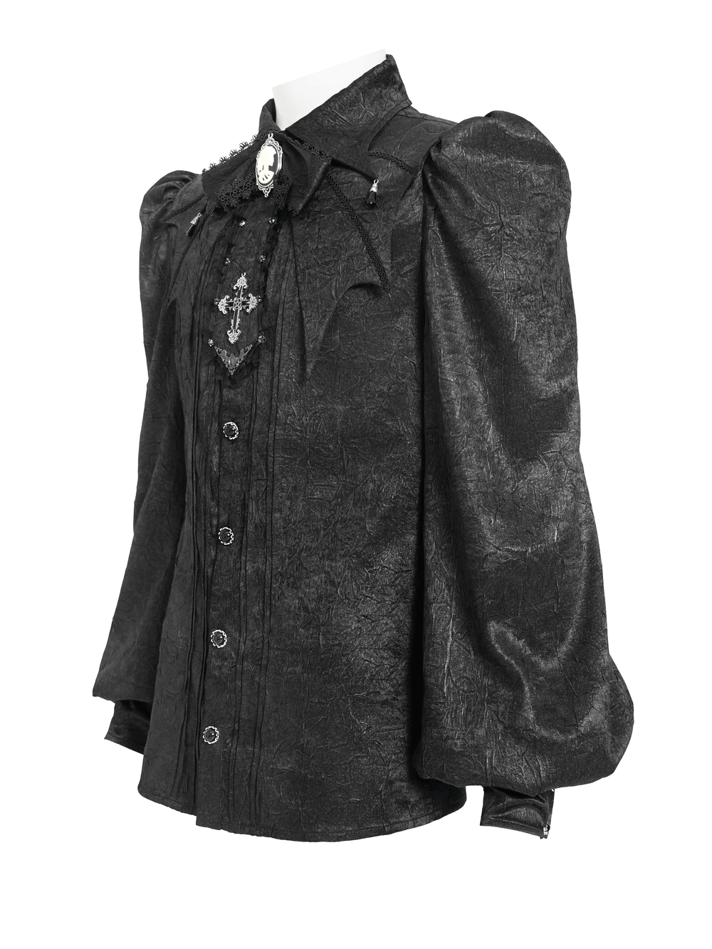 Victorian Goth Button Shirt With Cameo and Cross Brooch