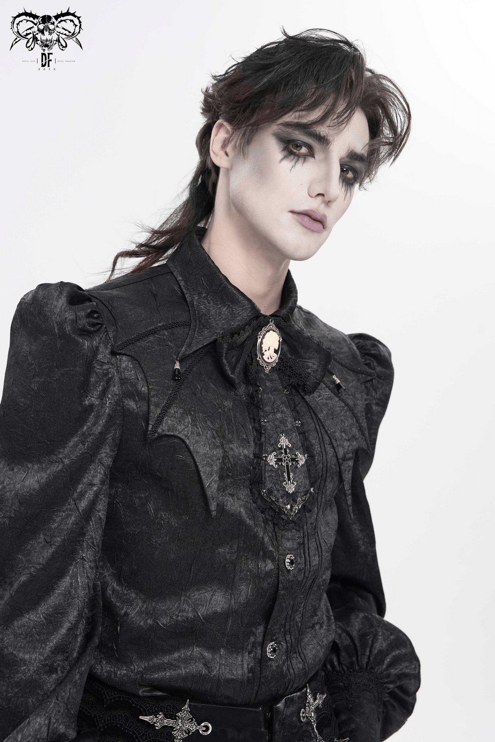 Victorian Goth Button Shirt With Cameo and Cross Brooch