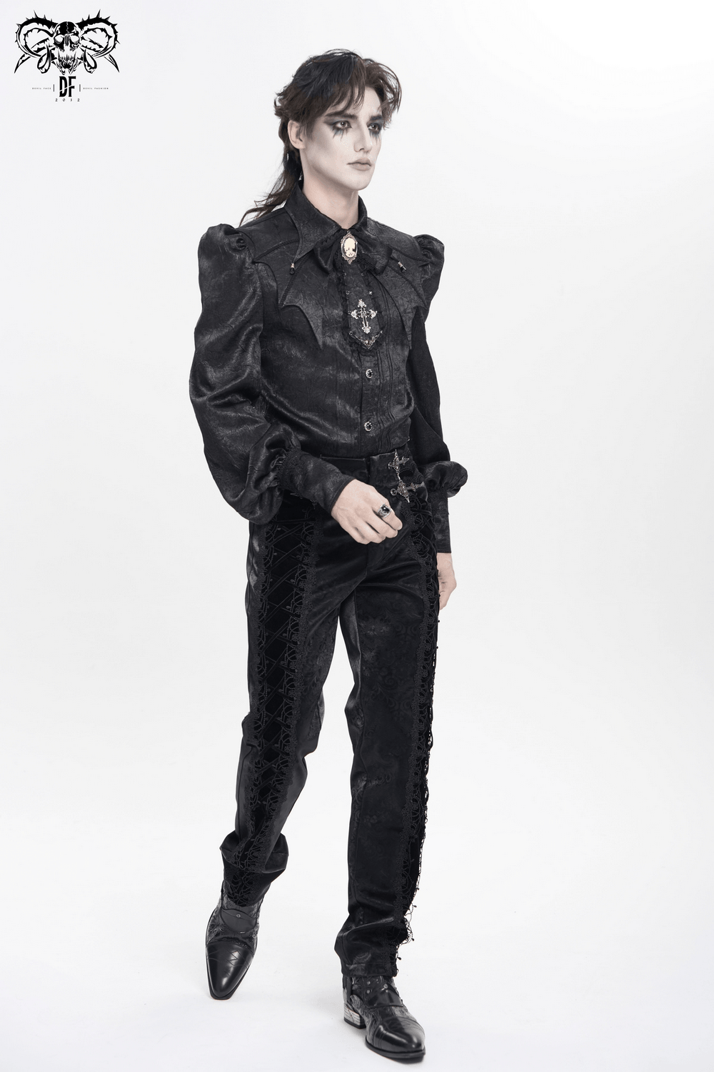 Victorian Goth Button Shirt With Cameo and Cross Brooch