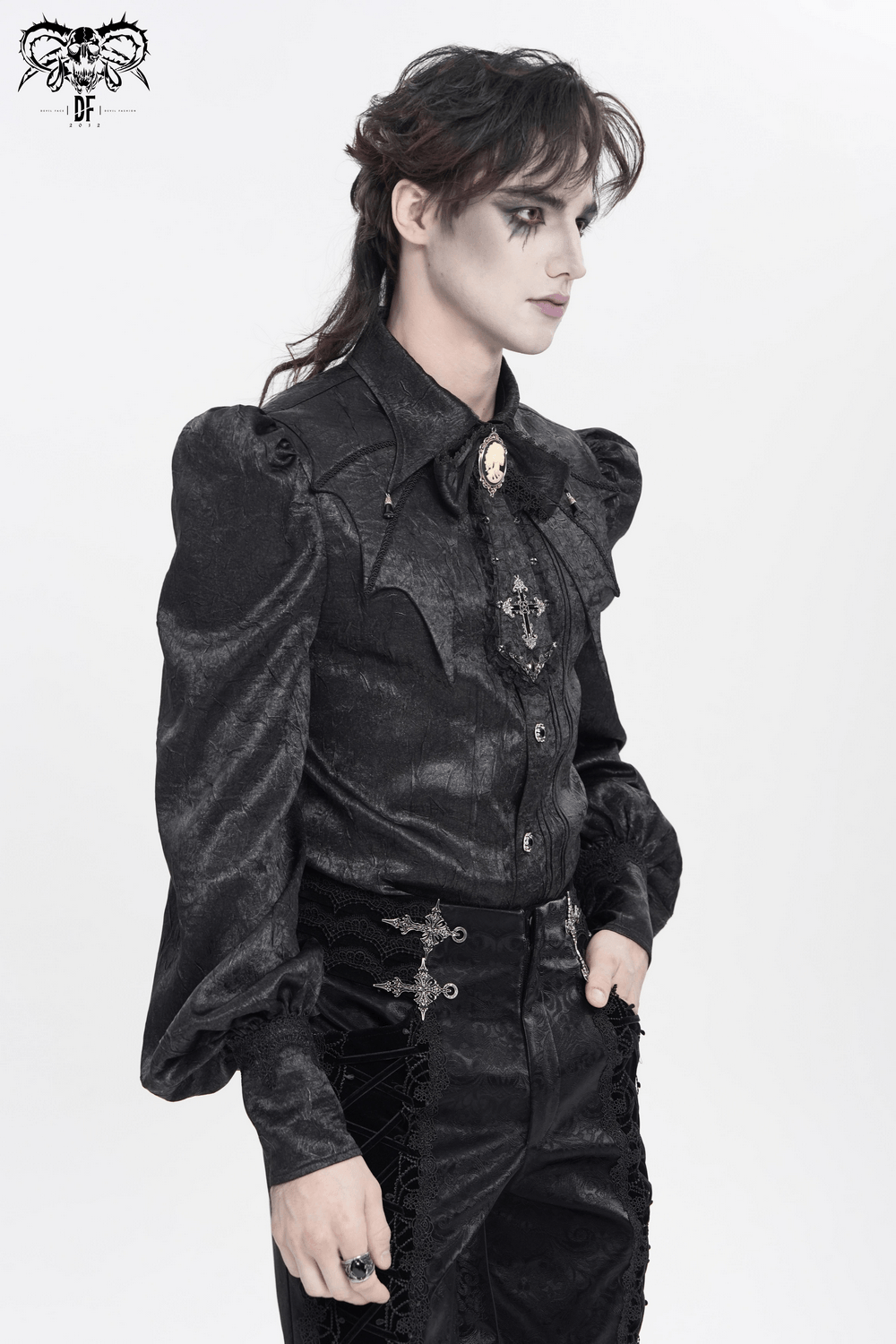 Victorian Goth Button Shirt With Cameo and Cross Brooch