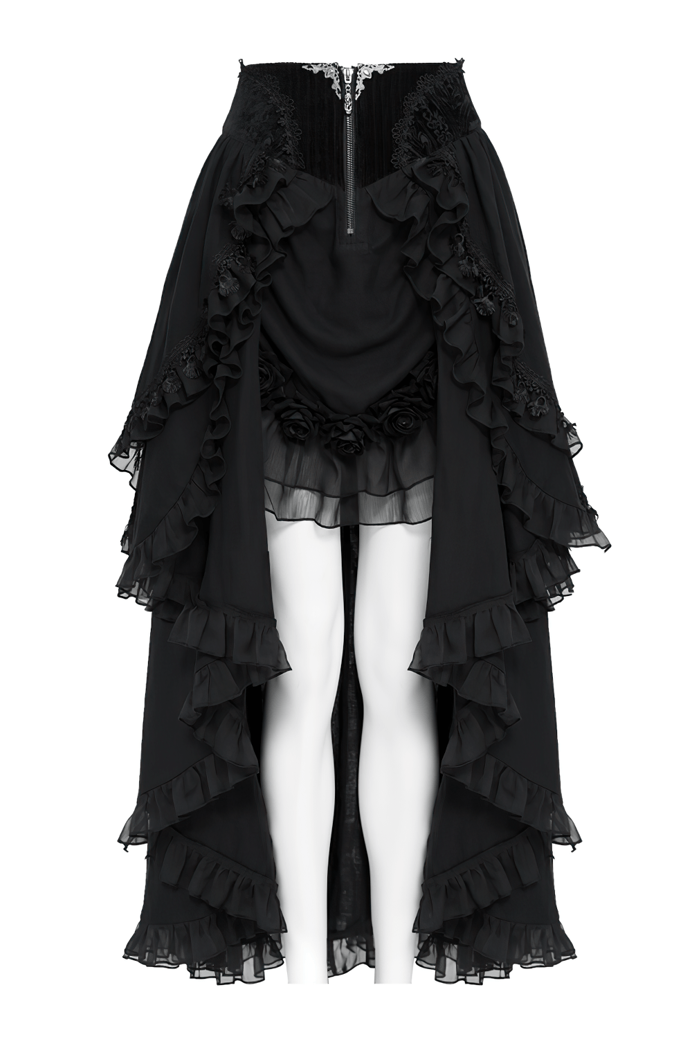Victorian Gothic Black High Low Ruffle Lace Maxi Skirt