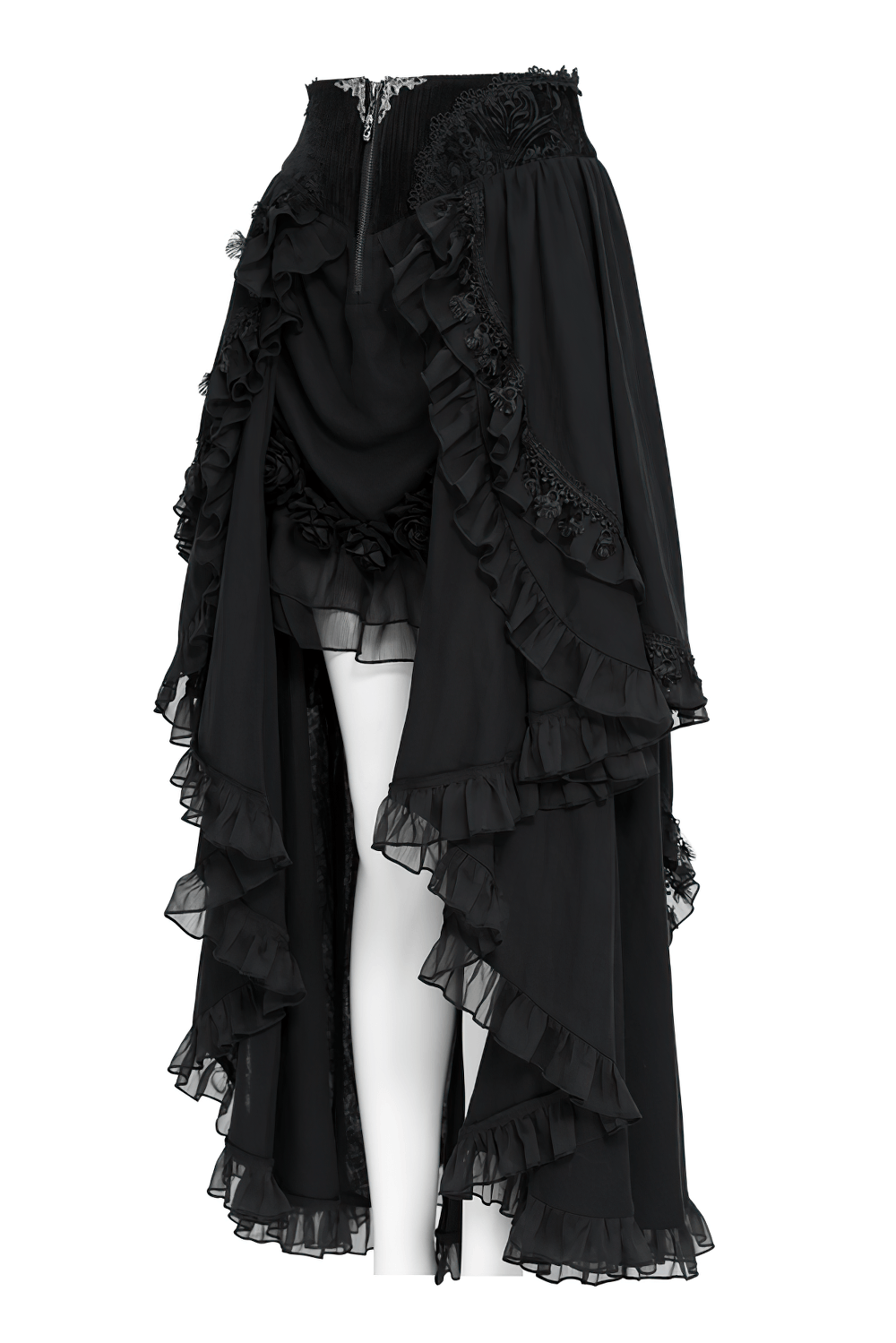 Victorian Gothic Black High Low Ruffle Lace Maxi Skirt