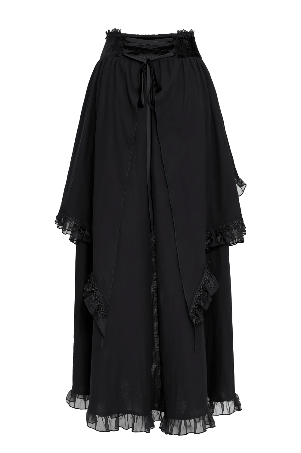 Victorian Gothic Black High Low Ruffle Lace Maxi Skirt