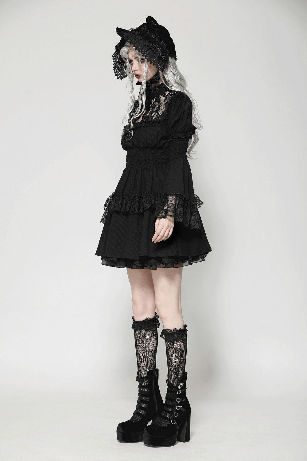 Victorian Gothic Black Lace Dress with Ruffle Details