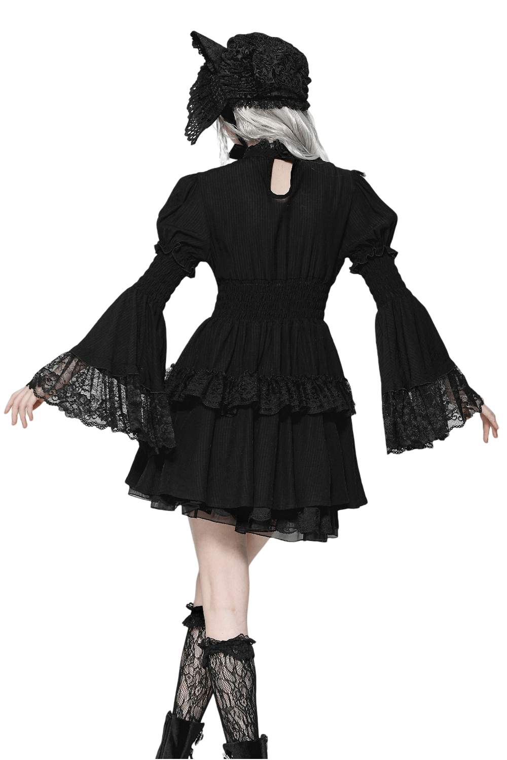 Victorian Gothic Black Lace Dress with Ruffle Details