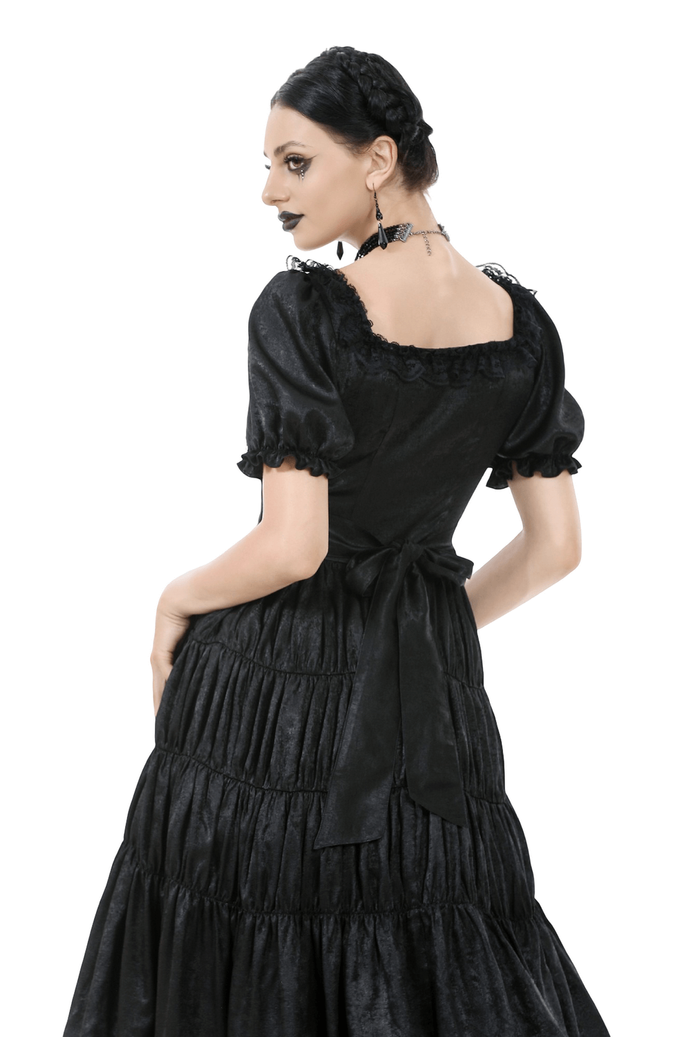 Victorian Gothic Black Puff-Sleeved Long Dress