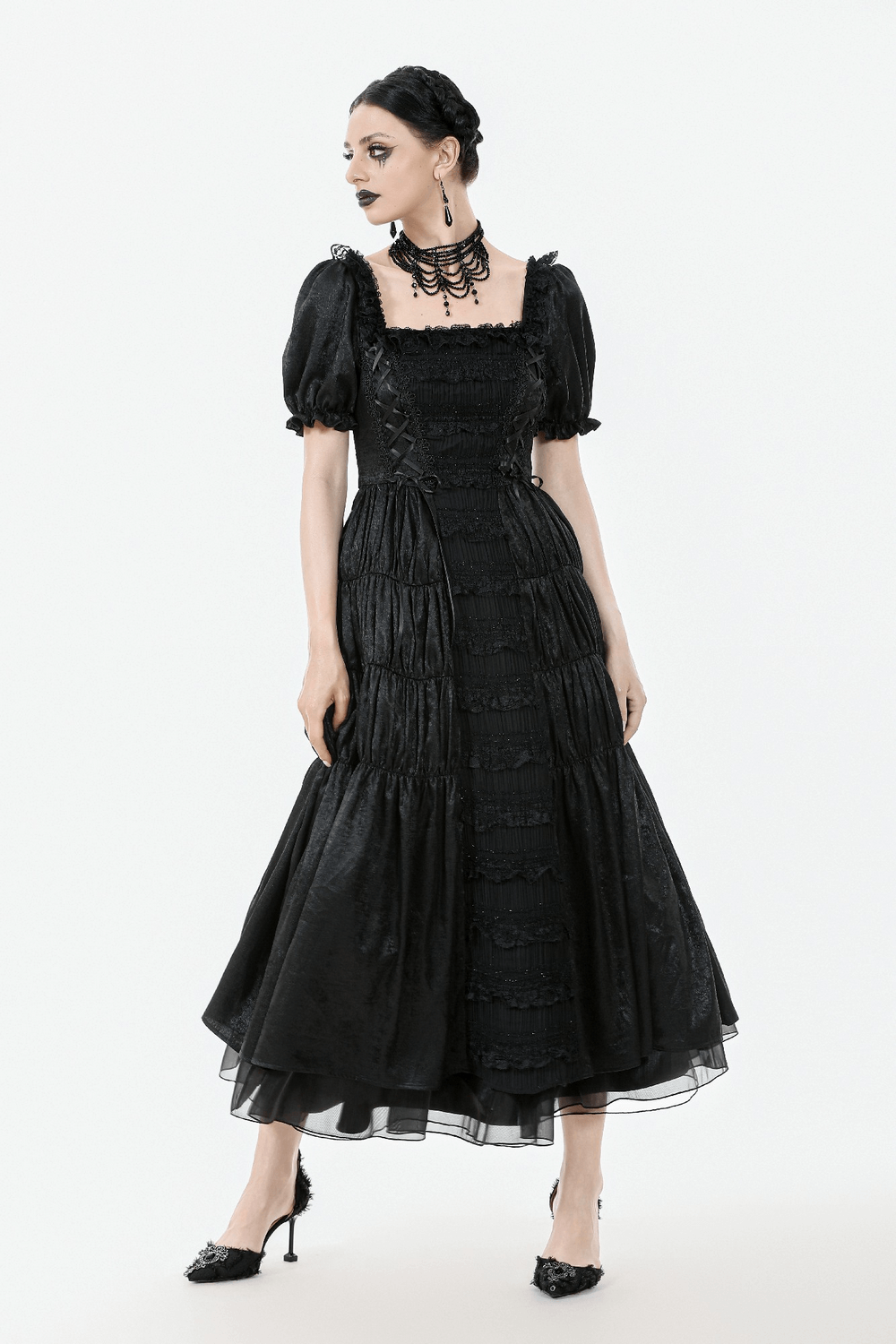 Victorian Gothic Black Puff-Sleeved Long Dress