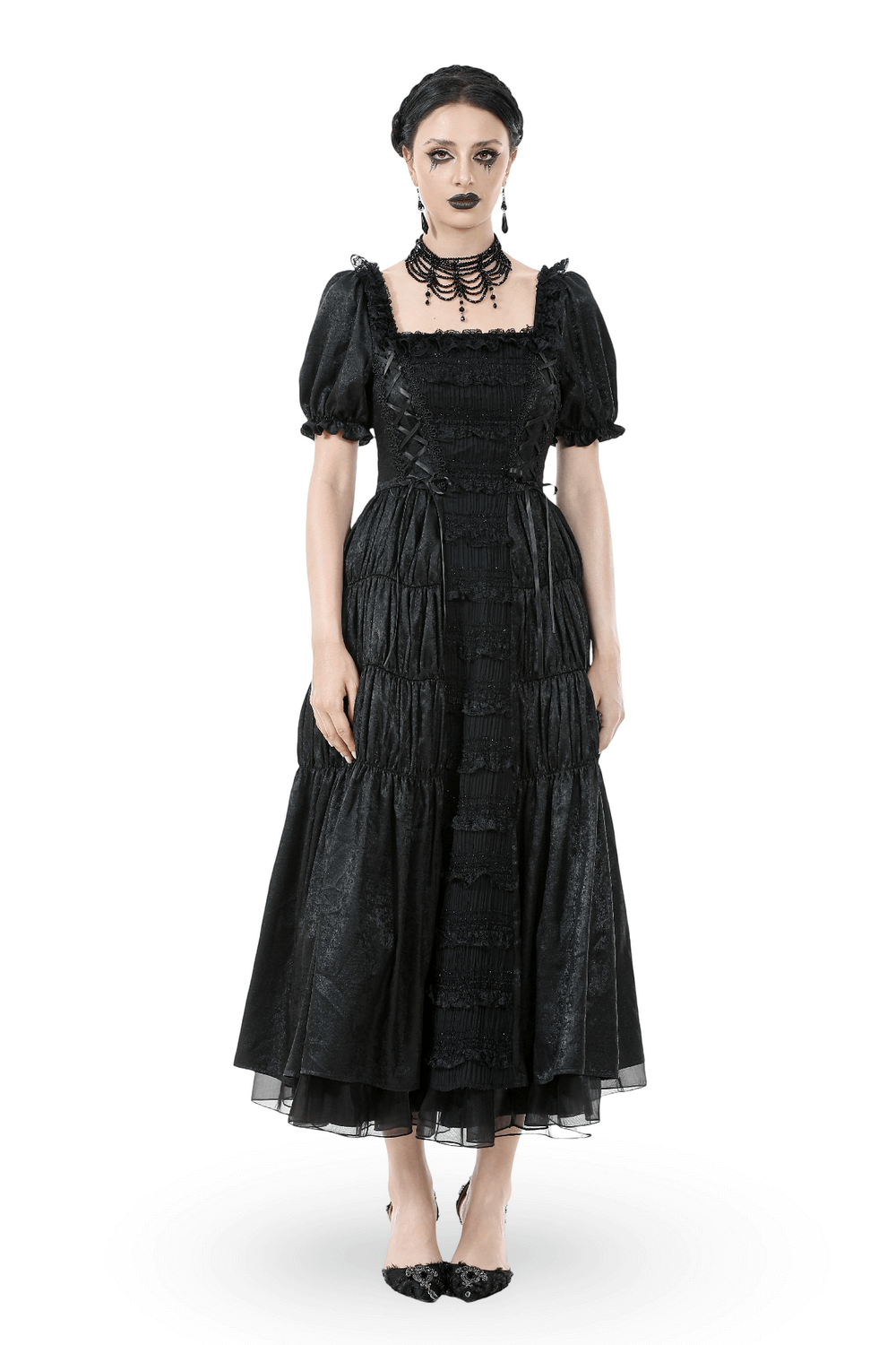 Victorian Gothic Black Puff-Sleeved Long Dress