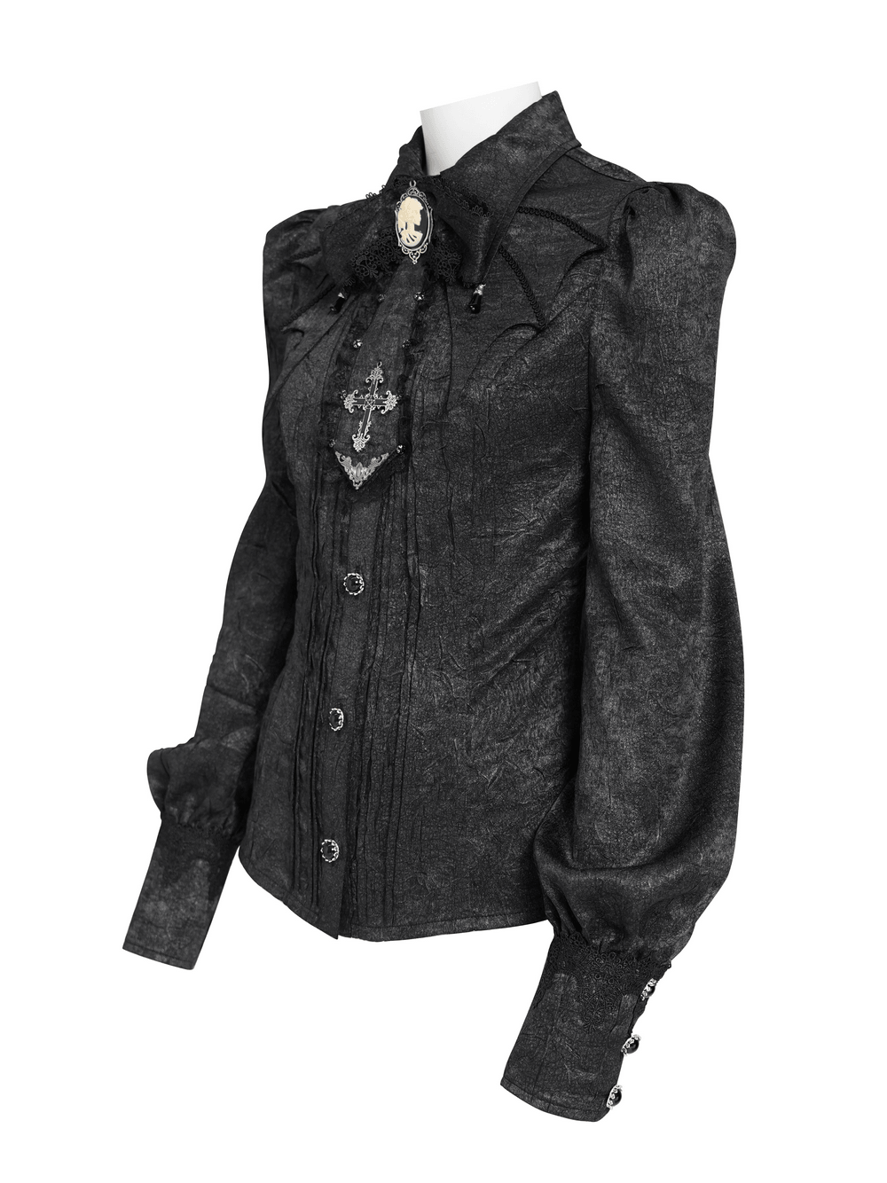 Victorian Gothic Blouse with Cross Brooch Detail