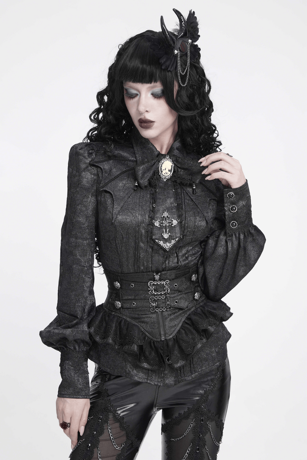 Victorian Gothic Blouse with Cross Brooch Detail