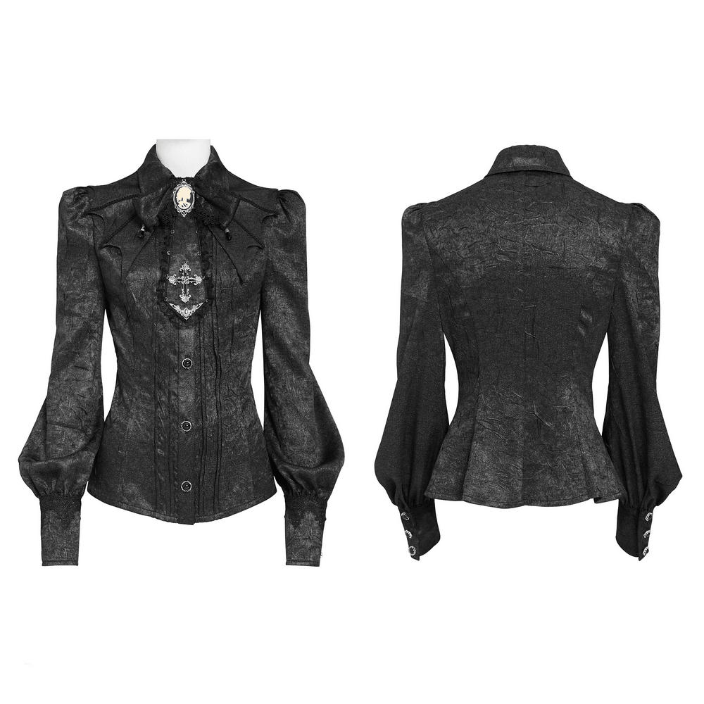 Victorian Gothic Blouse with Cross Brooch Detail