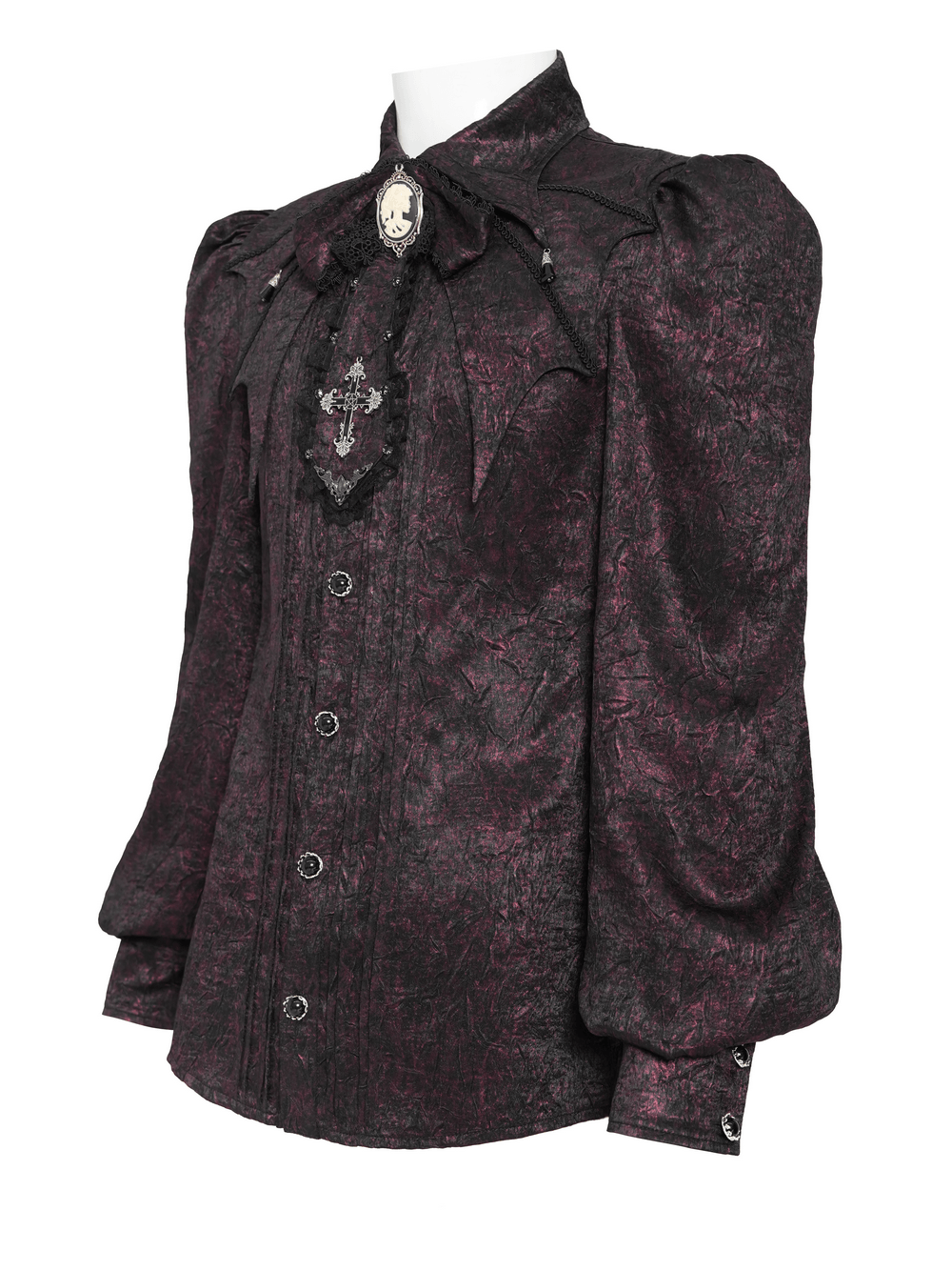 Victorian Gothic Brocade Shirt With Puff Sleeves and Tie