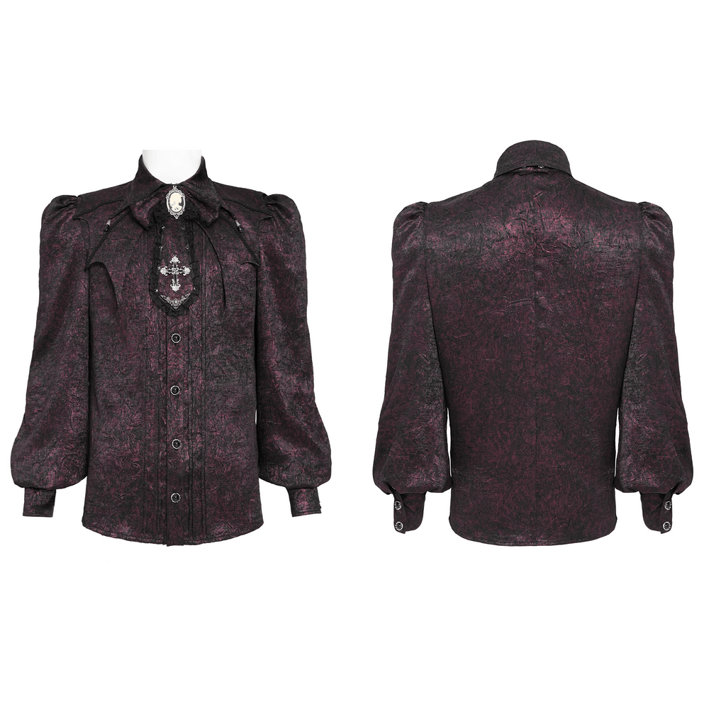 Victorian Gothic Brocade Shirt With Puff Sleeves and Tie