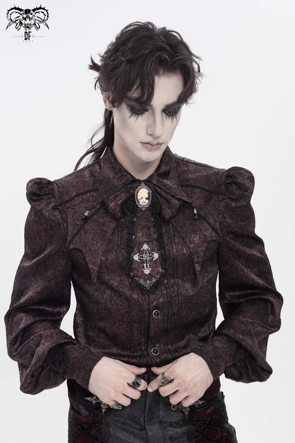 Victorian Gothic Brocade Shirt With Puff Sleeves and Tie