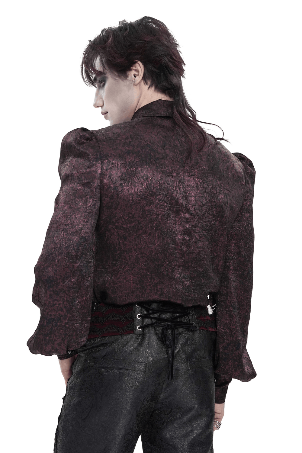 Victorian Gothic Brocade Shirt With Puff Sleeves and Tie