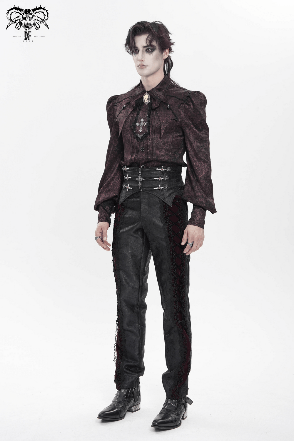 Victorian Gothic Brocade Shirt With Puff Sleeves and Tie