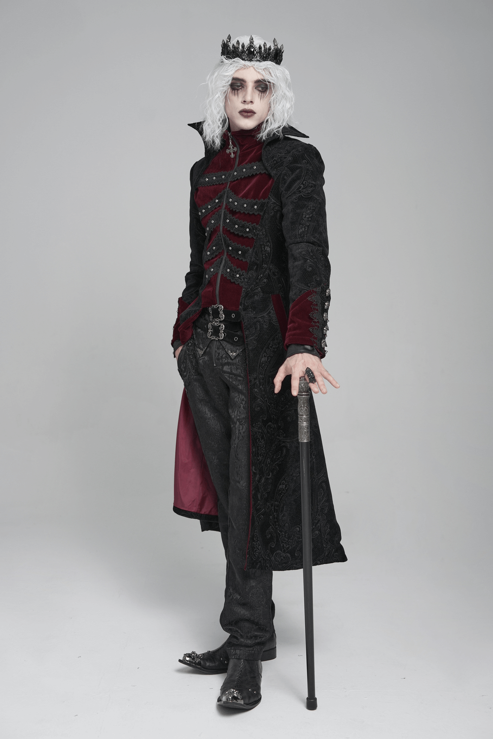 Victorian Gothic Brocade Tailcoat with Wine Red Velvet Trim