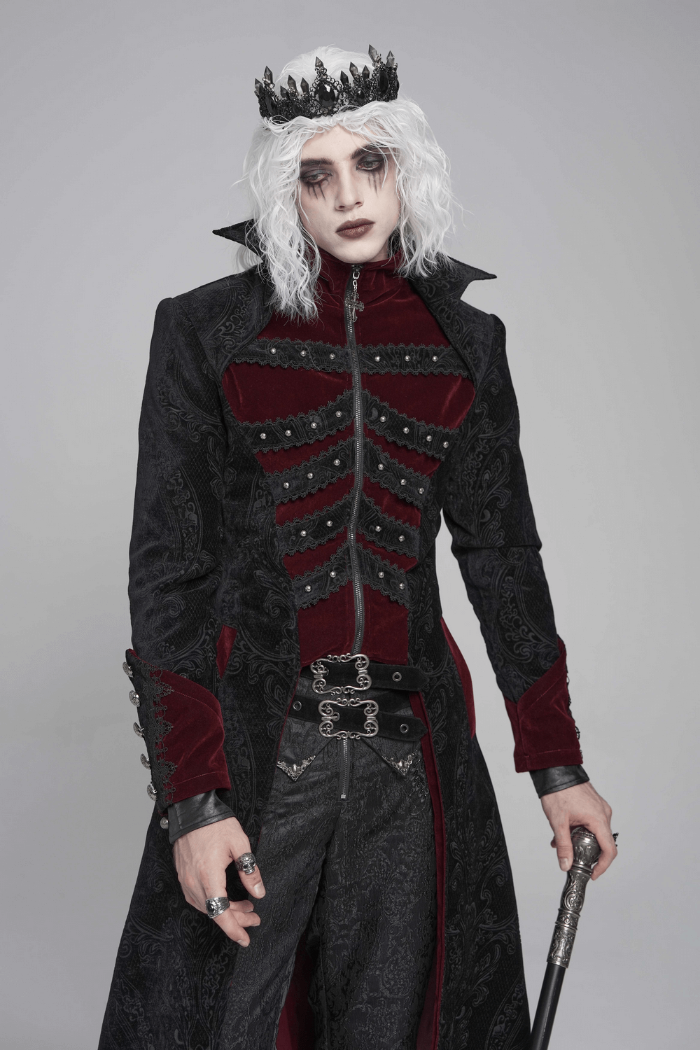 Victorian Gothic Brocade Tailcoat with Wine Red Velvet Trim