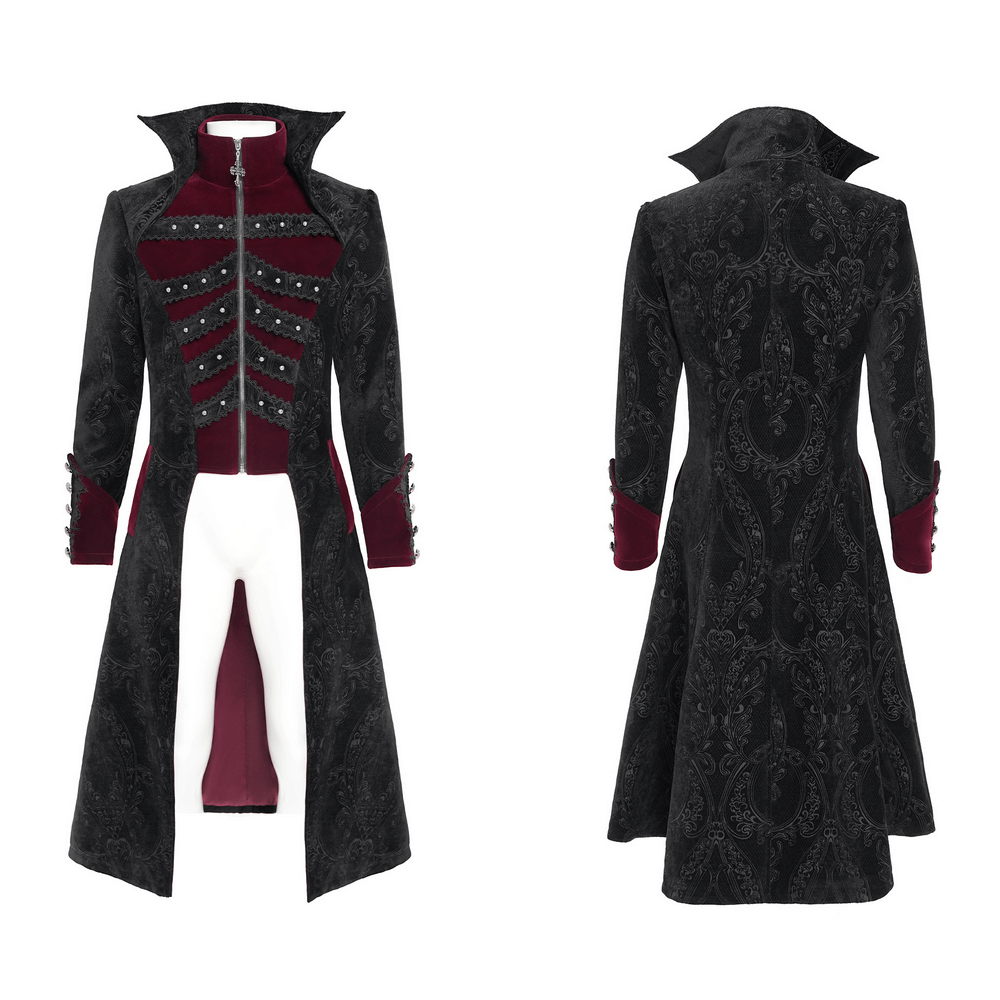Victorian Gothic Brocade Tailcoat with Wine Red Velvet Trim
