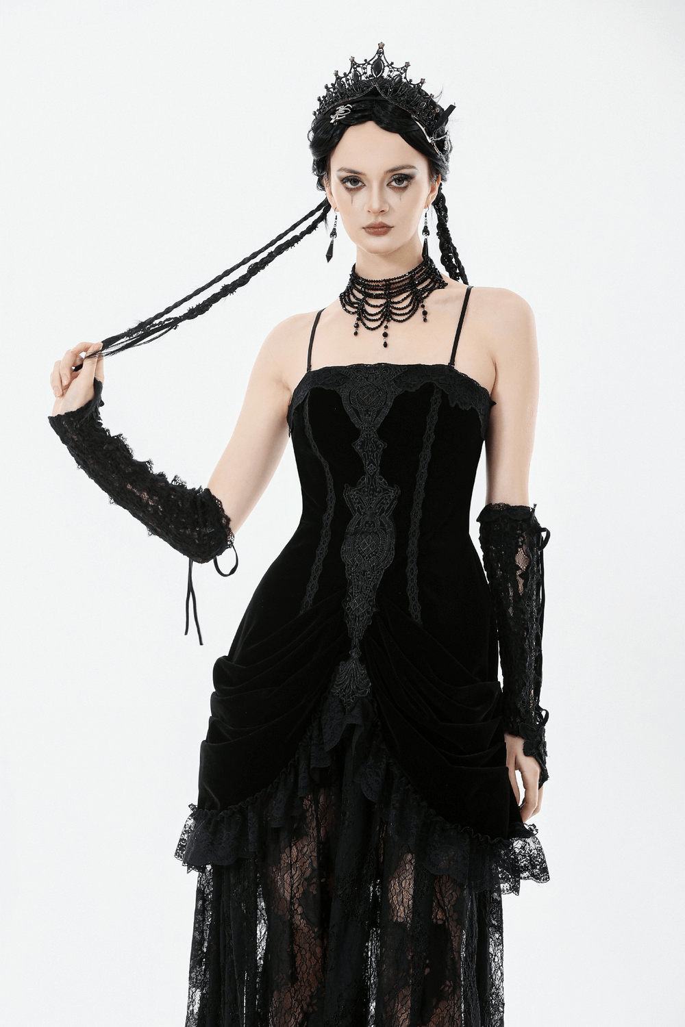 Victorian Gothic Lace and Velvet Layered Evening Dress