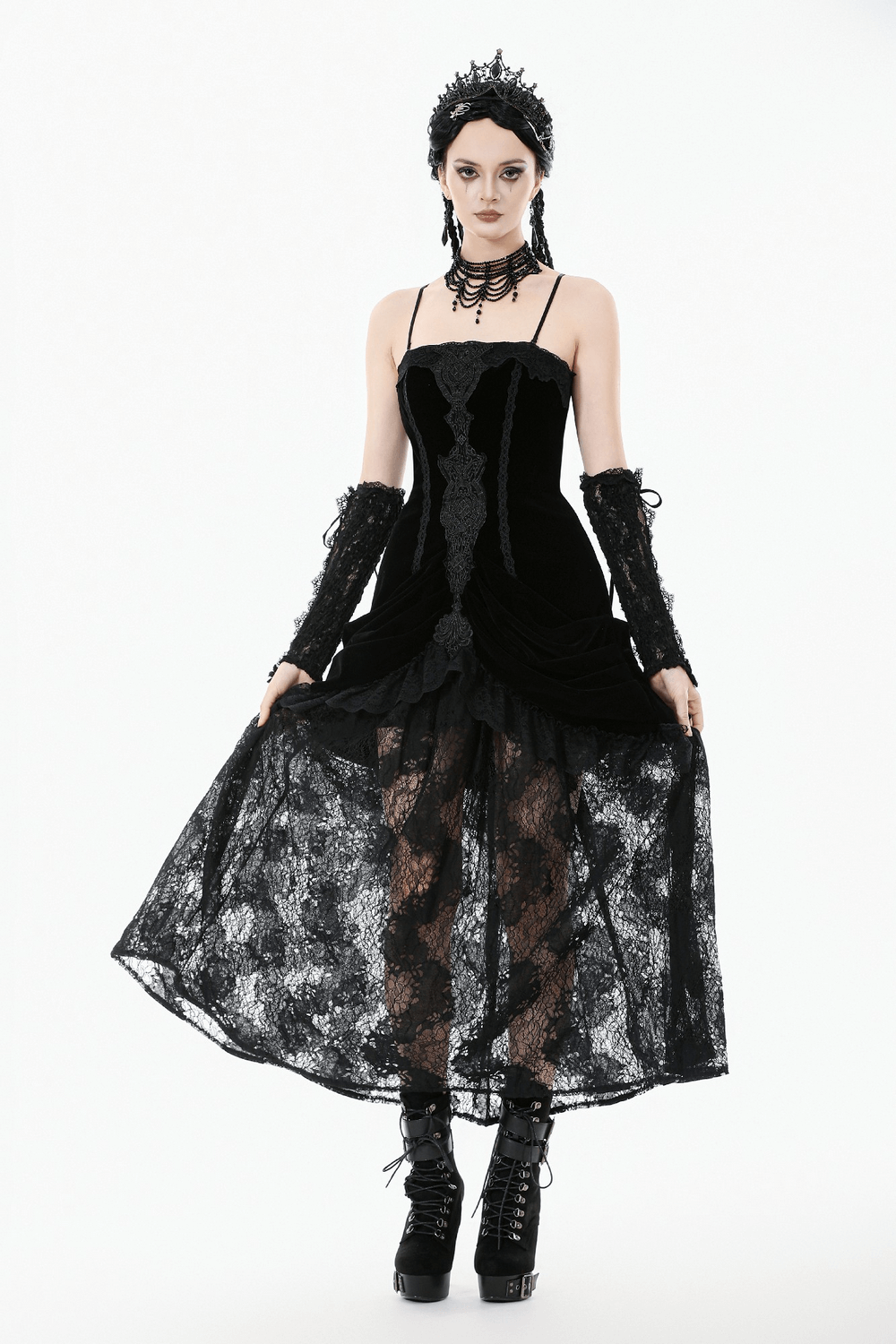 Victorian Gothic Lace and Velvet Layered Evening Dress