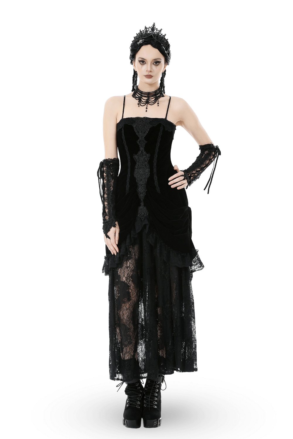 Victorian Gothic Lace and Velvet Layered Evening Dress
