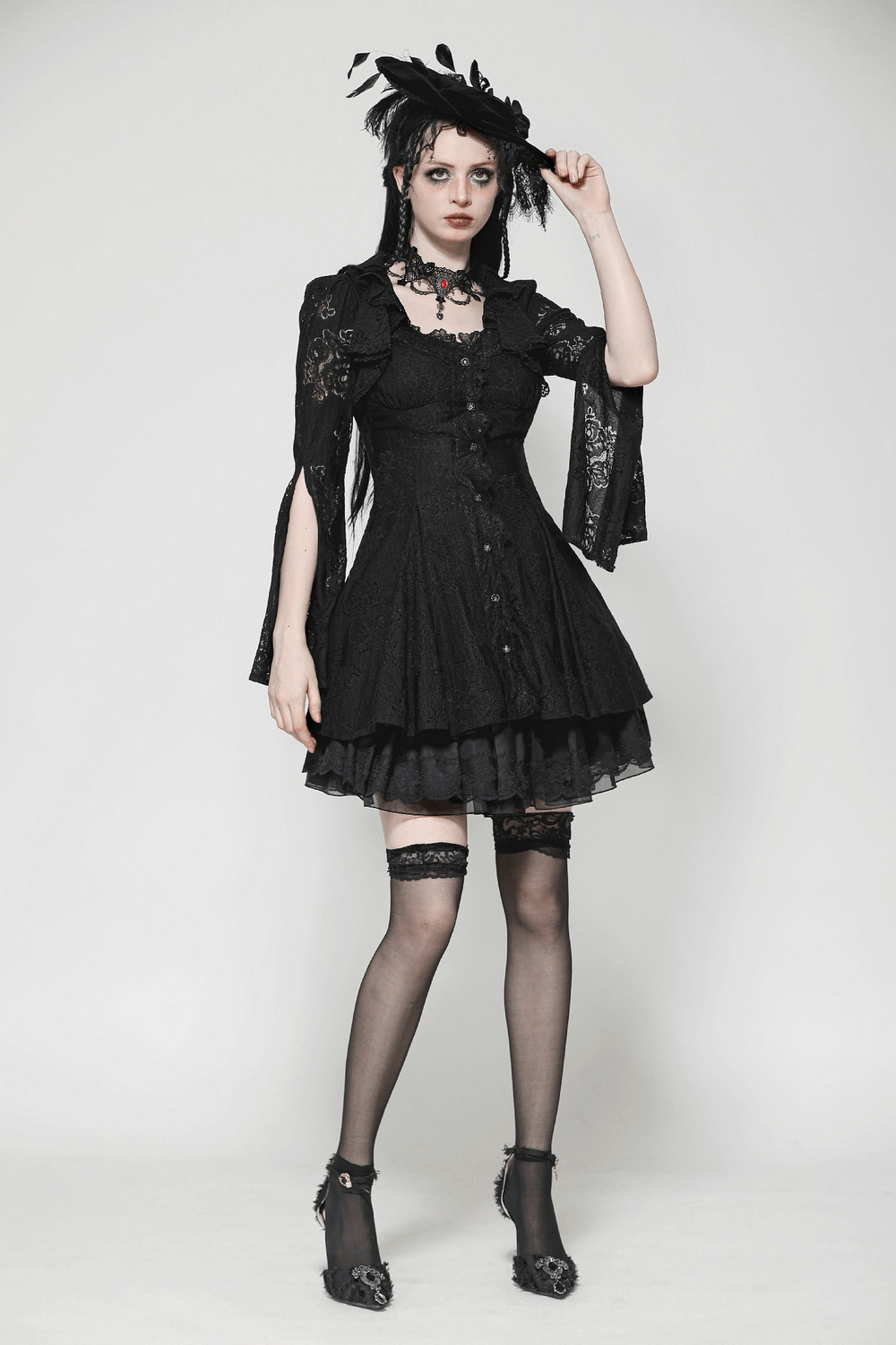 Victorian Gothic Lace Mini Dress with Corset Back