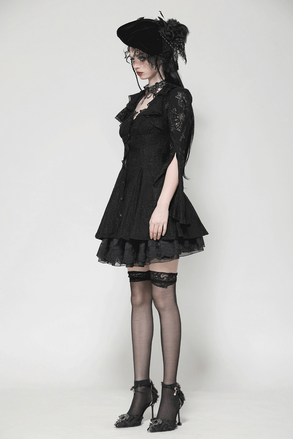 Victorian Gothic Lace Mini Dress with Corset Back