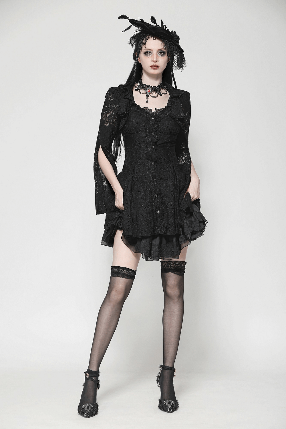 Victorian Gothic Lace Mini Dress with Corset Back