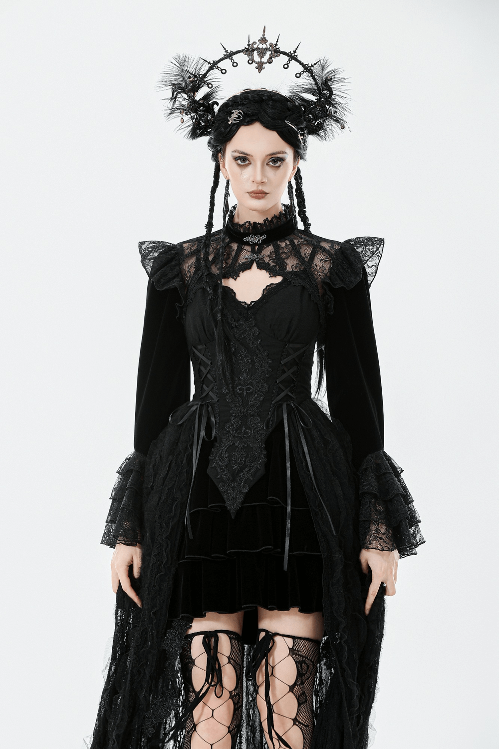 Victorian Gothic Lace Shrug with Velvet Bell Sleeves