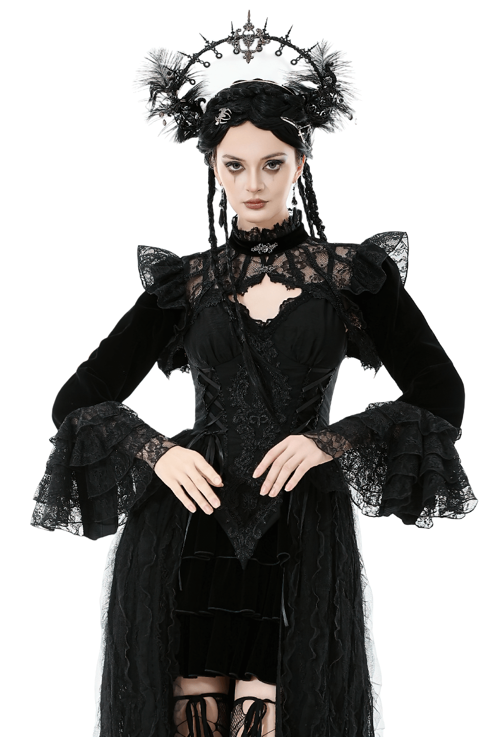 Victorian Gothic Lace Shrug with Velvet Bell Sleeves
