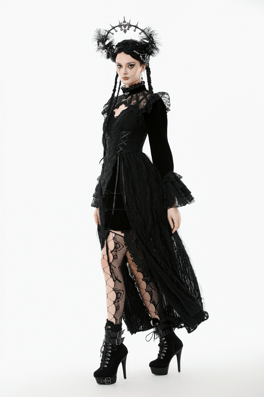 Victorian Gothic Lace Shrug with Velvet Bell Sleeves
