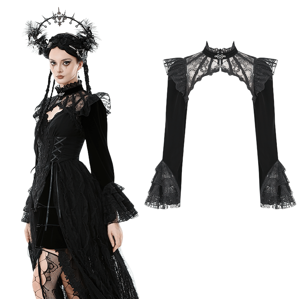Victorian Gothic Lace Shrug with Velvet Bell Sleeves