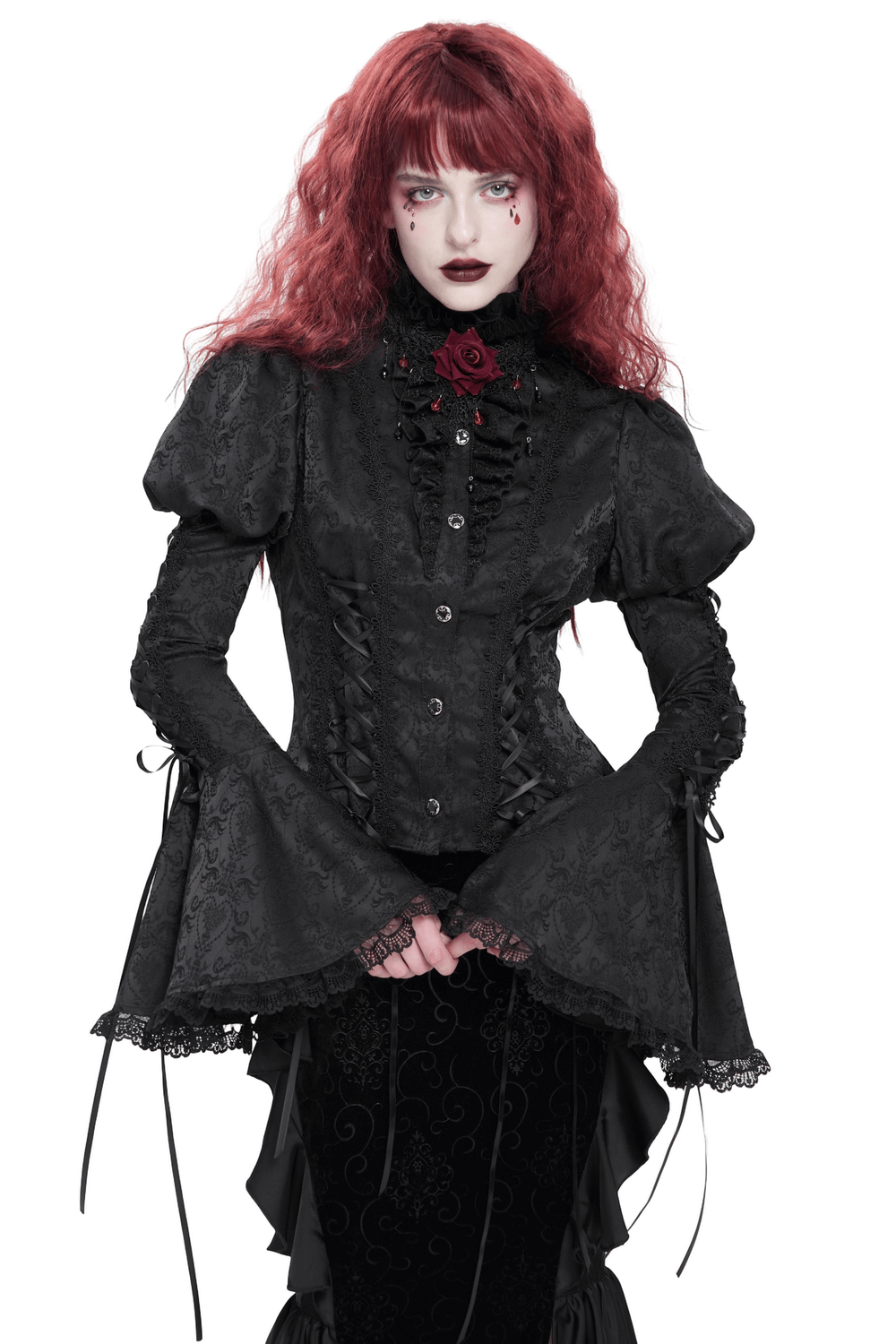 Victorian Gothic Lace Up Blouse with Bell Sleeves