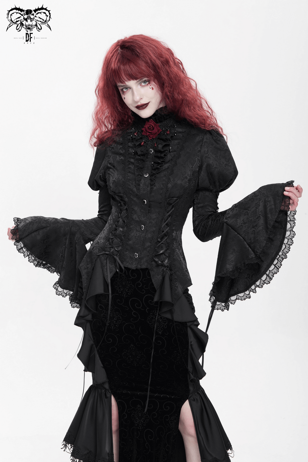 Victorian Gothic Lace Up Blouse with Bell Sleeves