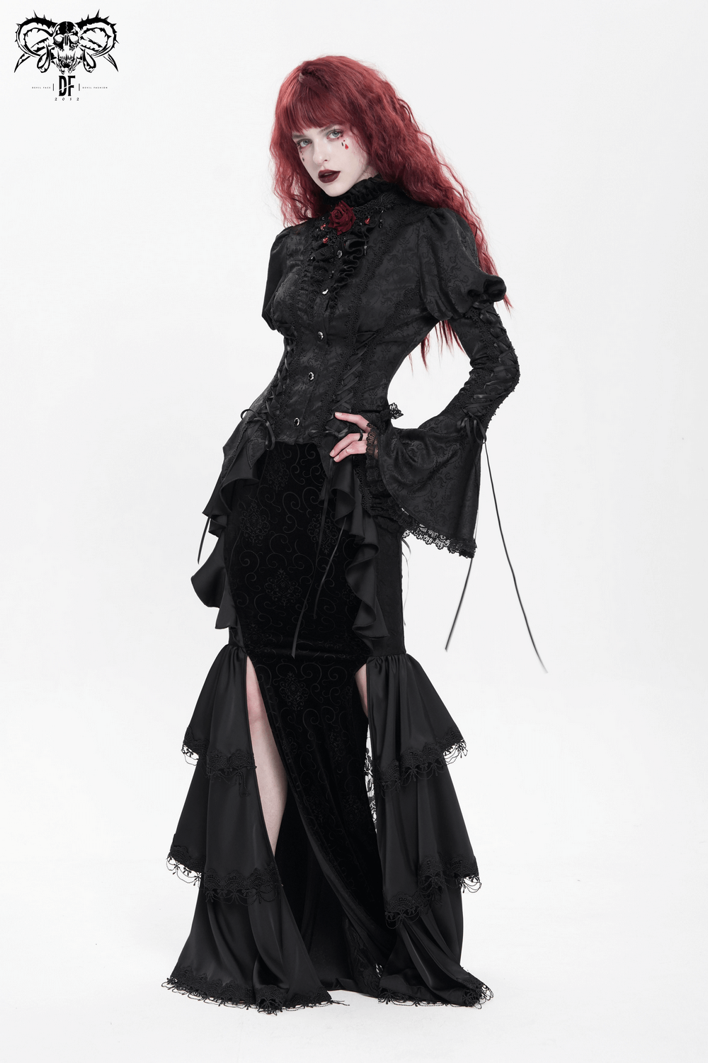 Victorian Gothic Lace Up Blouse with Bell Sleeves