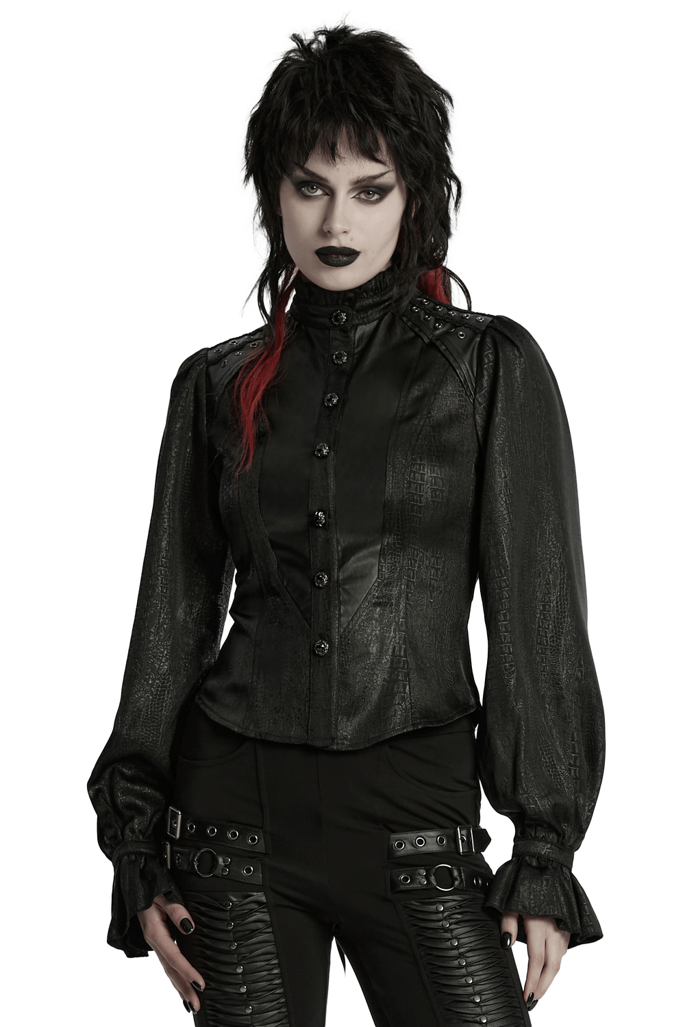 Victorian Gothic Lace-Up Blouse with Puff Sleeves
