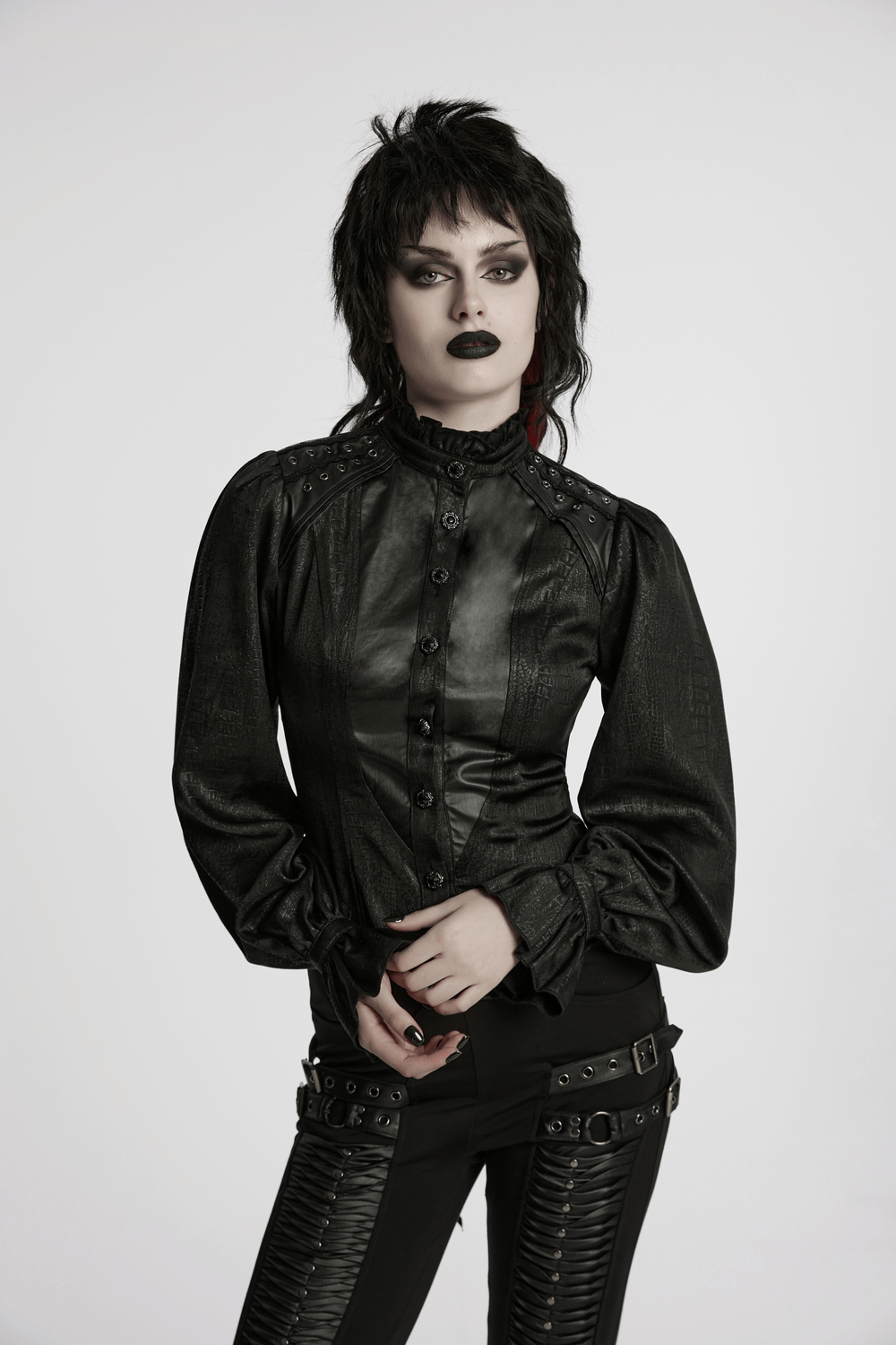 Victorian Gothic Lace-Up Blouse with Puff Sleeves