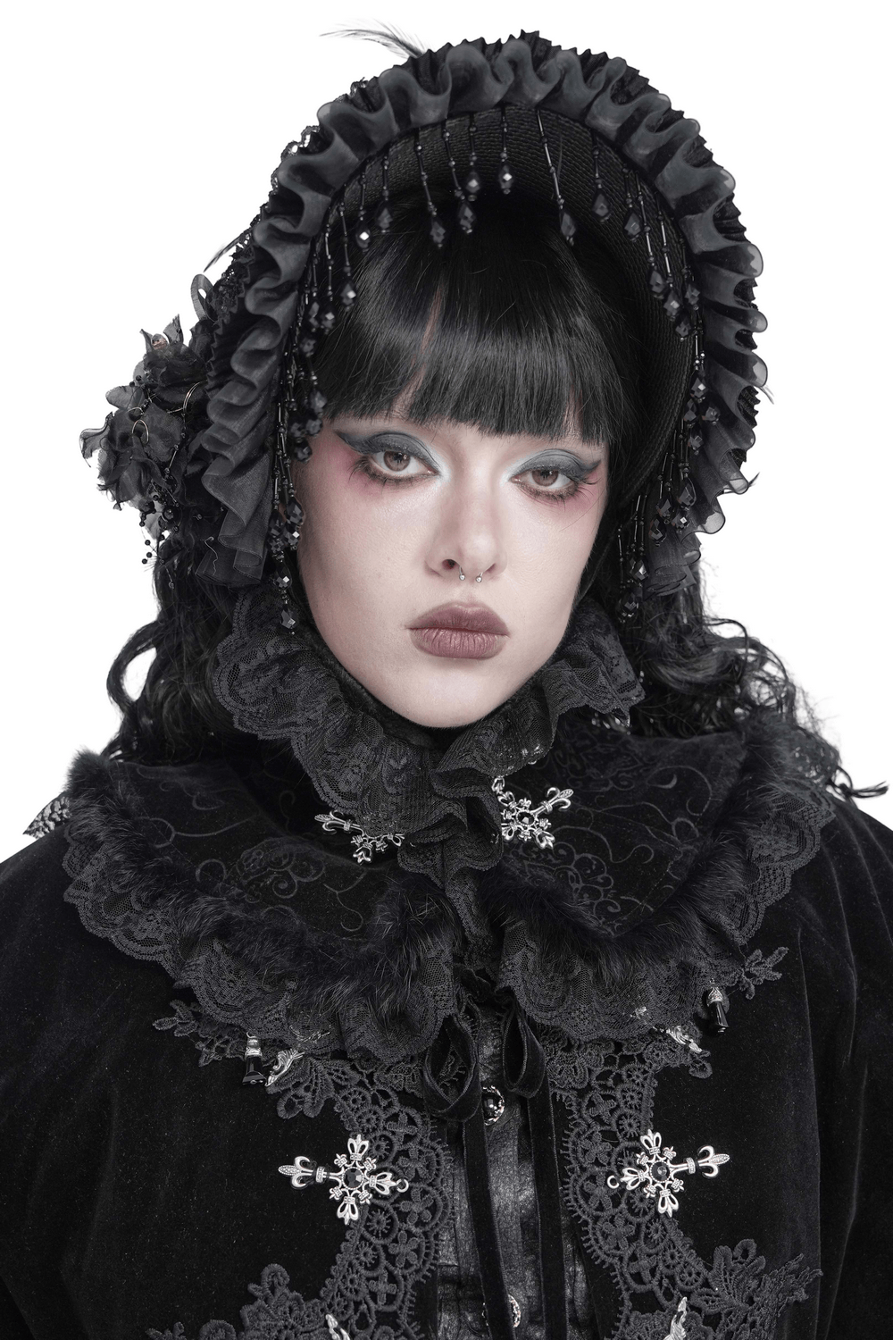 Victorian Gothic Stand Collar with Lace and Fur Trim