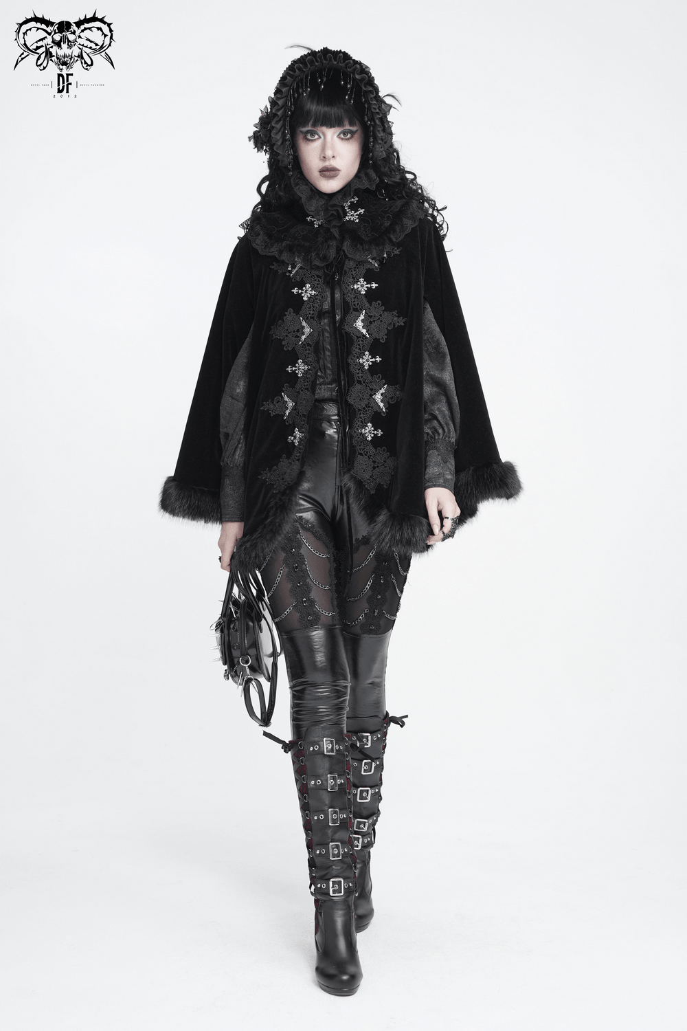 Victorian Gothic Stand Collar with Lace and Fur Trim