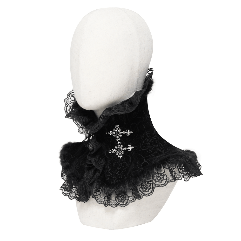 Victorian Gothic Stand Collar with Lace and Fur Trim