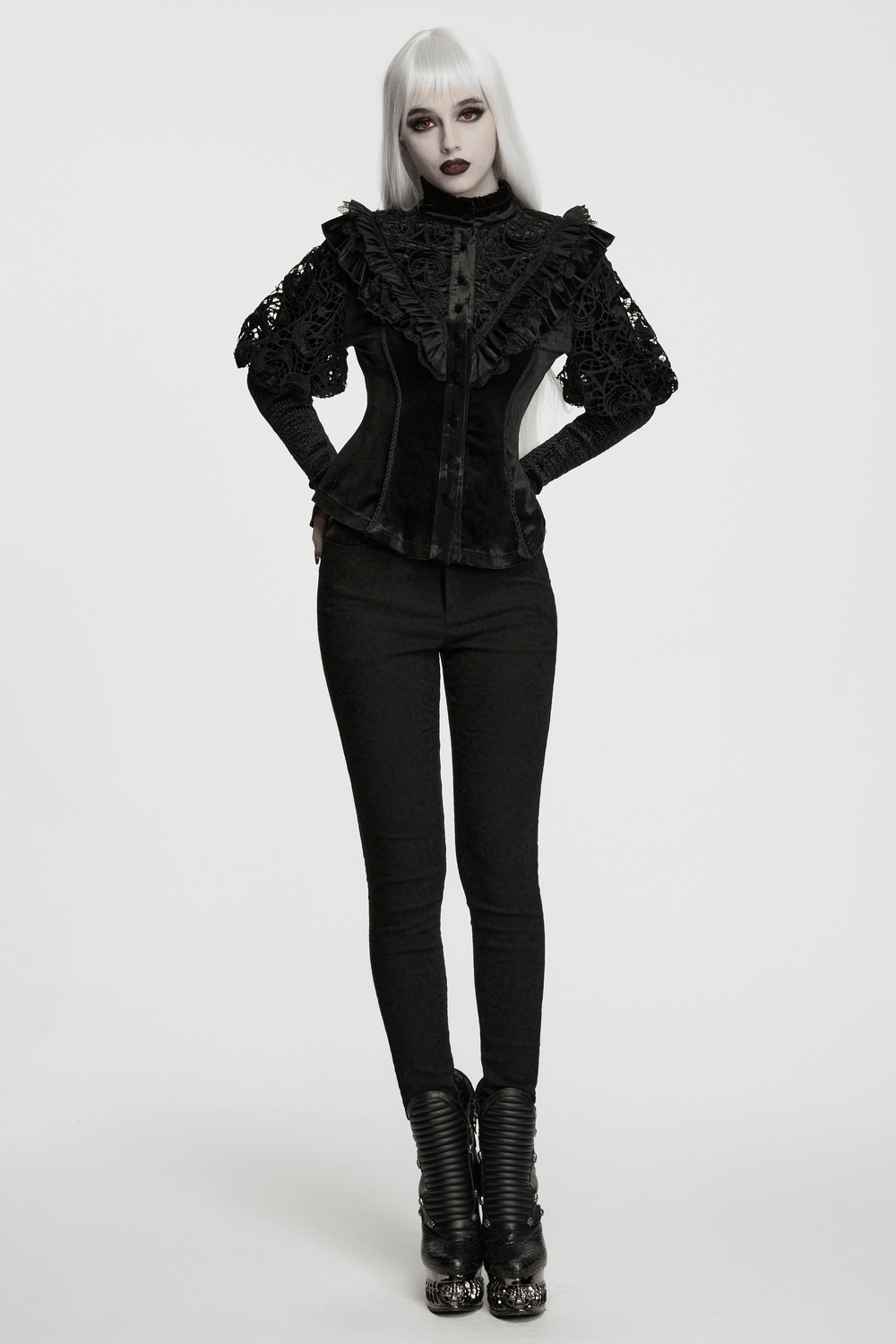 Victorian Gothic Velvet Blouse with Lace Puff Sleeves