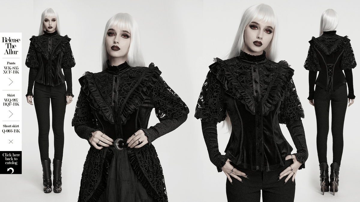 Victorian Gothic Velvet Blouse with Lace Puff Sleeves