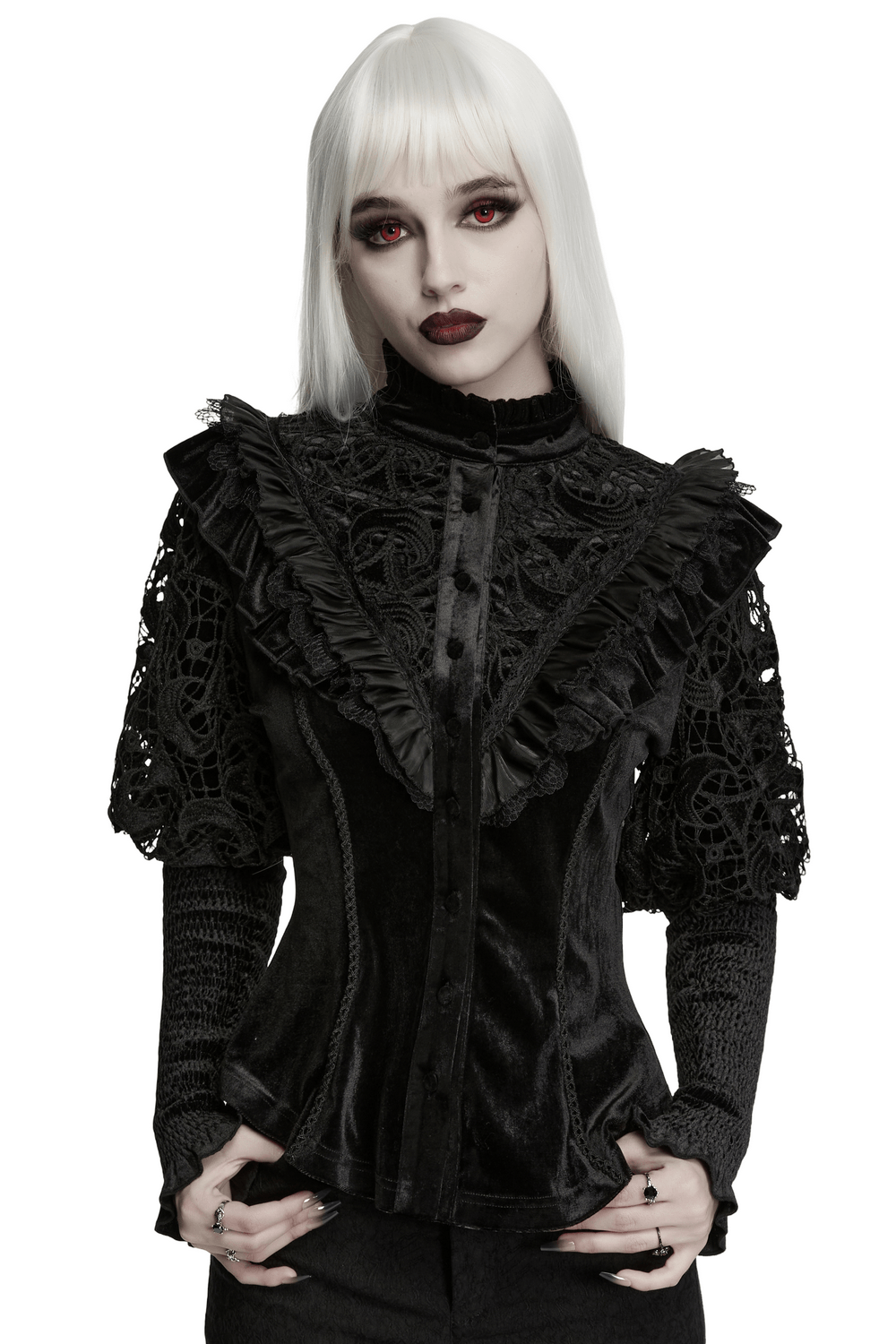 Victorian Gothic Velvet Blouse with Lace Puff Sleeves