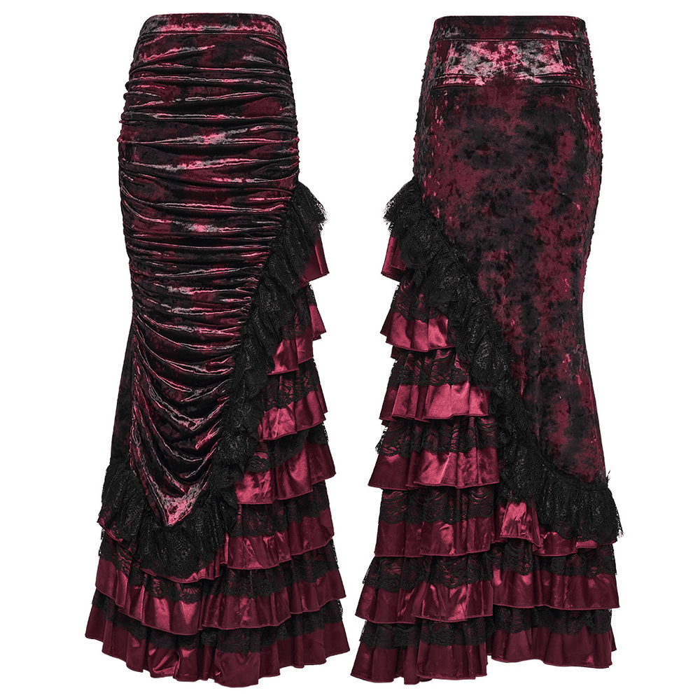 Victorian Gothic Velvet Skirt with Ruffled Lace Hem