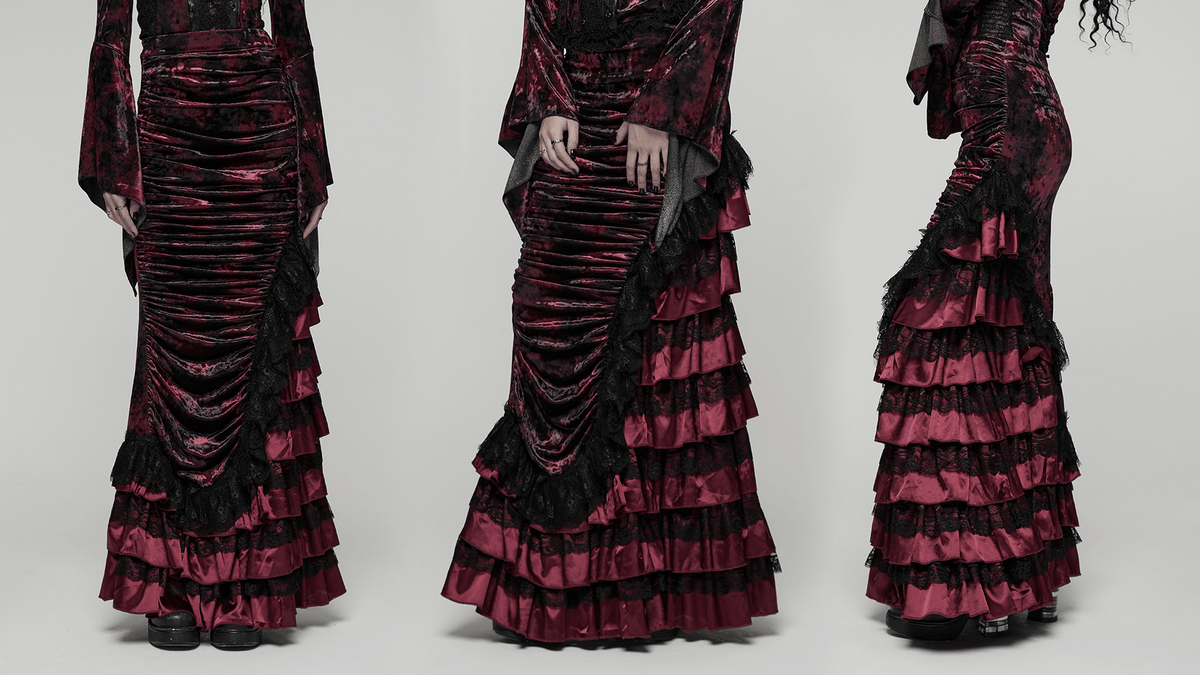 Victorian Gothic Velvet Skirt with Ruffled Lace Hem