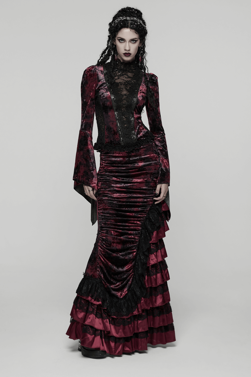 Victorian Gothic Velvet Skirt with Ruffled Lace Hem
